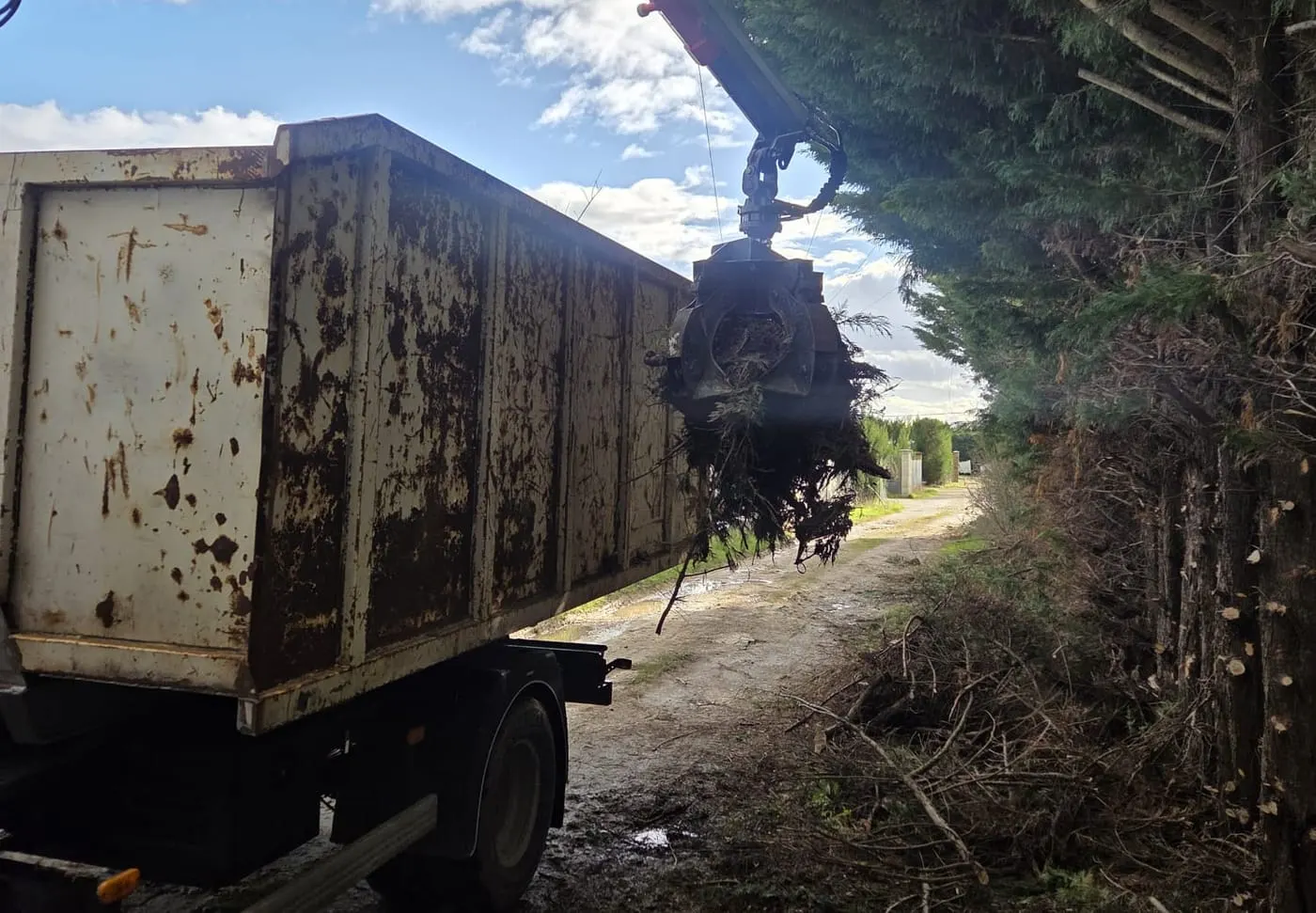 Grappin du camion de l’Entreprise Perrin chargeant des branchages dans la benne